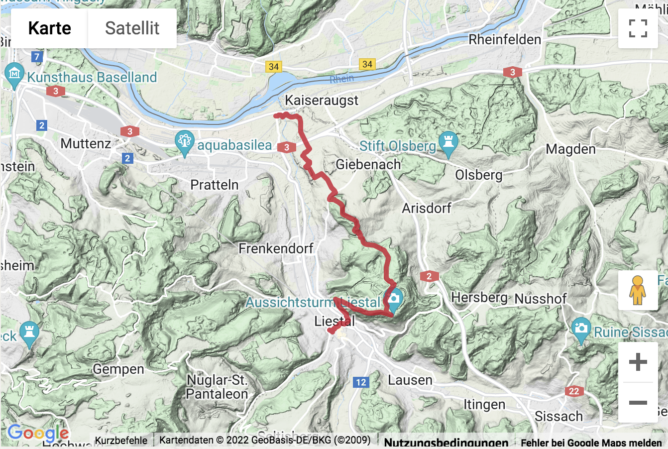 Übersichtskarte Wanderung von Liestal nach Augusta Raurica
